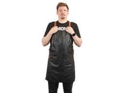 Фартук из натуральной кожи флотер  Материал: натуральная кожа КРС, цвет фартука: черный, цвет ремней: светлый бук, фурнитура из металлического сплава ЦАМ, цвет фурнитуры: антик