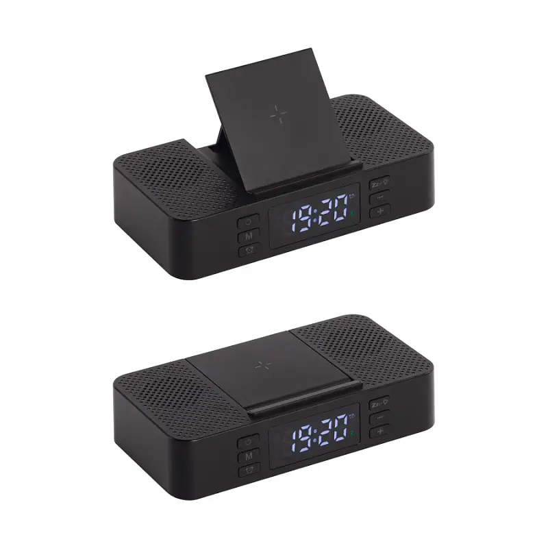 Настольные часы "Smart Box" с bluetooth колонкой (2х3Вт), беспроводным (15W) зарядным устройством и складной подставкой под смартфон - 9613-3