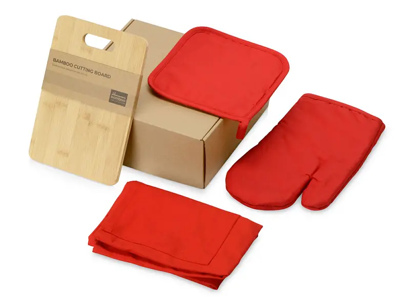 Подарочный набор с разделочной доской, фартуком, прихваткой, красный - 700814.01