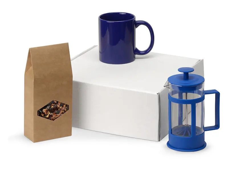Подарочный набор с чаем, кружкой и френч-прессом Чаепитие, синий - 700411.02