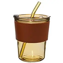 Стакан стеклянный с трубочкой и капхолдером "Karamel"