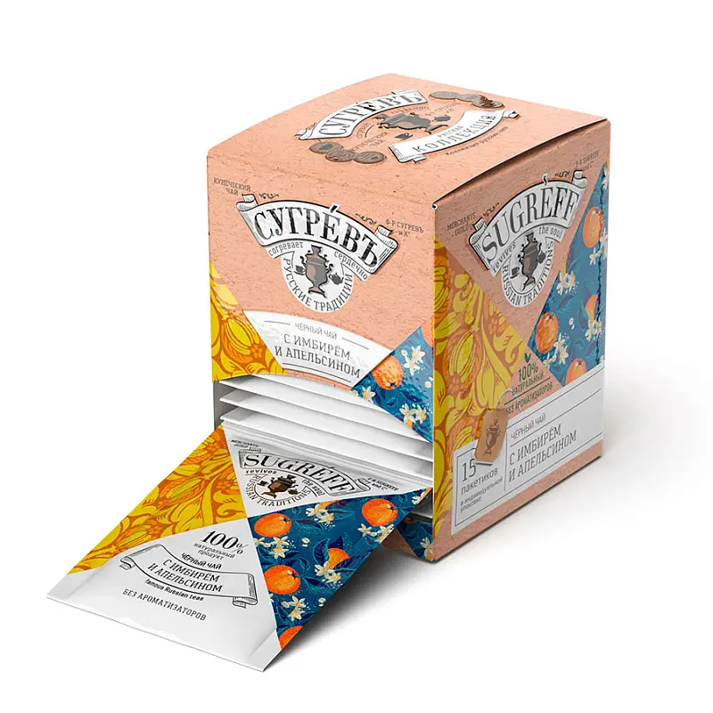 Черный чай с имбирем и апельсином в индивидуальном саше конверте, 15 пакетиков - 90021/6