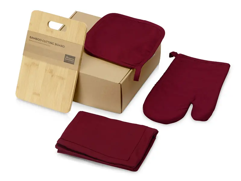 Подарочный набор с разделочной доской, фартуком, прихваткой, бордовый - 700814.18