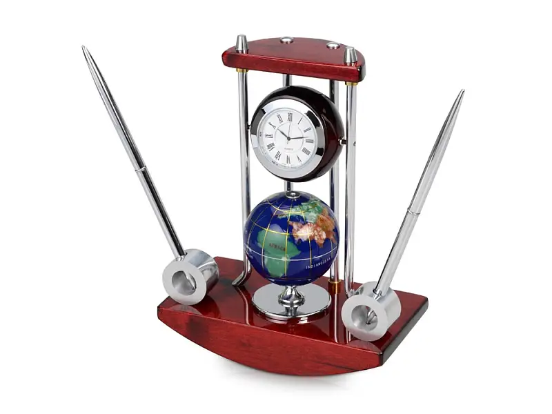 Настольный прибор Сенатор: часы с глобусом, две ручки на подставке - 135302