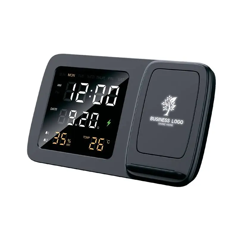 Настольные часы "Smart Screen" с беспроводным (15W) зарядным устройством, гигрометром, термометром, календарём, с подсветкой логотипа - 9628-3