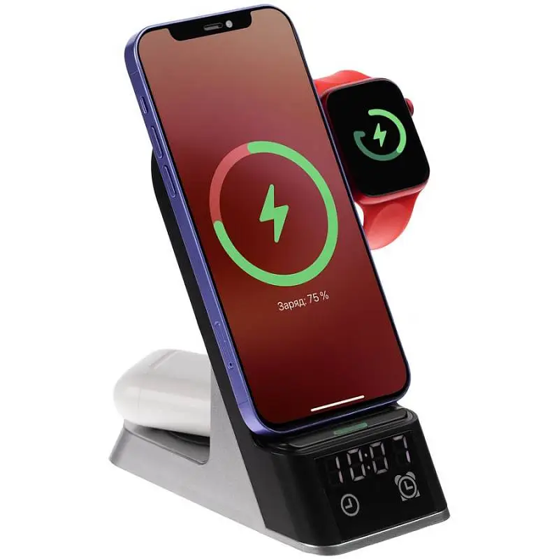 Зарядная станция c часами E-Store для смартфона, часов и наушников, 6,5x12,5x13,5 см; упаковка: 13,8x7,3x14,8 см