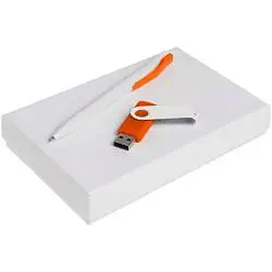 Набор Twist White, белый с оранжевым, флешка: 5,4х0,9х1,8 см; ручка: 14,5х1,0 см; упаковка: 17,2х10,3х2,9 см