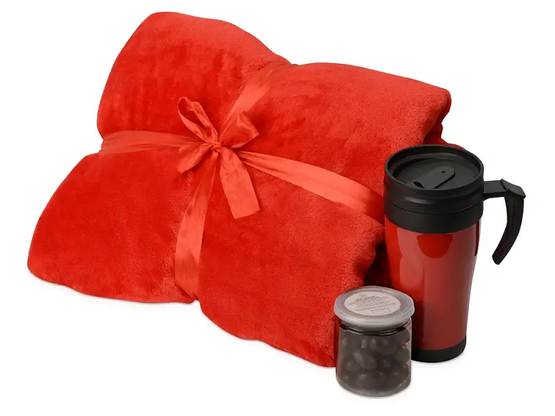 Подарочный набор с пледом, термокружкой и миндалем в шоколадной глазури Tasty hygge, красный - 700346.01