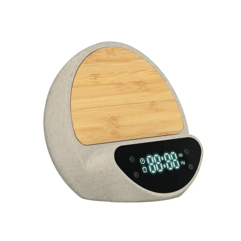 Настольные часы "Smiley" с беспроводным (10W) зарядным устройством и будильником, пшеница/бамбук/пластик - 7454